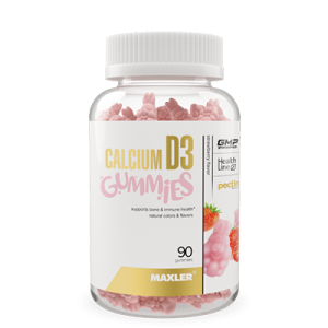 A photo of a transparent bottle with Calcium D3 Gummies.