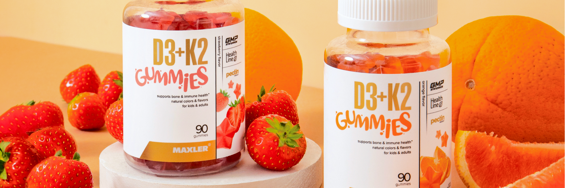 A close-up photo of D3 K2 gummies bottles.