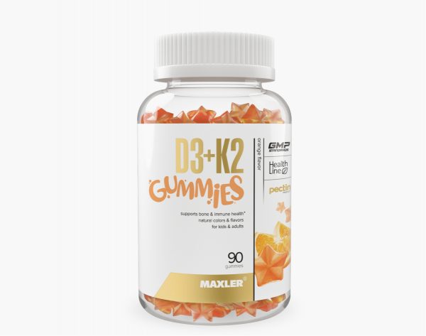 A photo of D3 K2 gummies with orange flavor bottle.