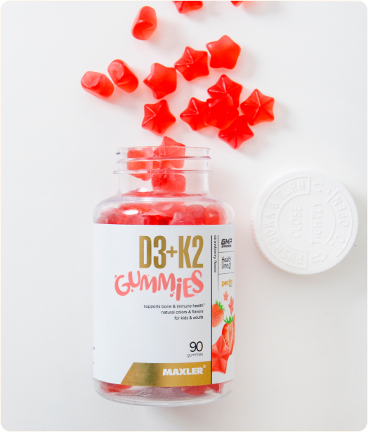 A photo of an open D3 K2 gummies bottle.